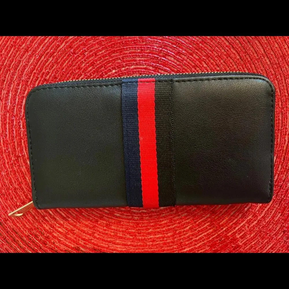 Black Faux Leather Zip‎ Wallet with Red & Navy Stripe Trim